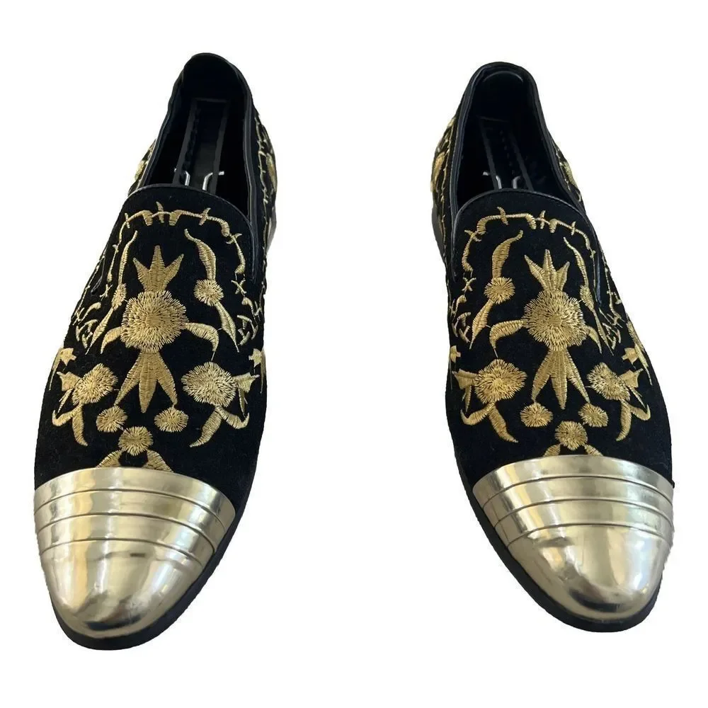 HUN Fashion Slip On Gold Cap Toe Embroidered Shoe Sz‎ 10.5